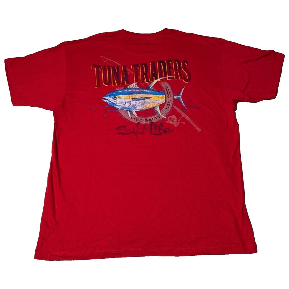 SALT LIFE TUNA TRADERS Men Large Red Double-Sided Pocket T-Shirt EUC‎